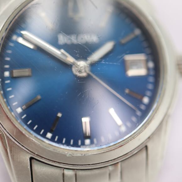 Bulova Womens Silver Tone Blue 26mm Date Watch 5.5" Steel Bracelet w New Battery - Picture 9 of 13